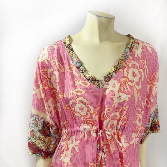 Johnny Was Silk Floral Handkerchief Tunic Kaftan Blouse Size L - Picture 2 of 6